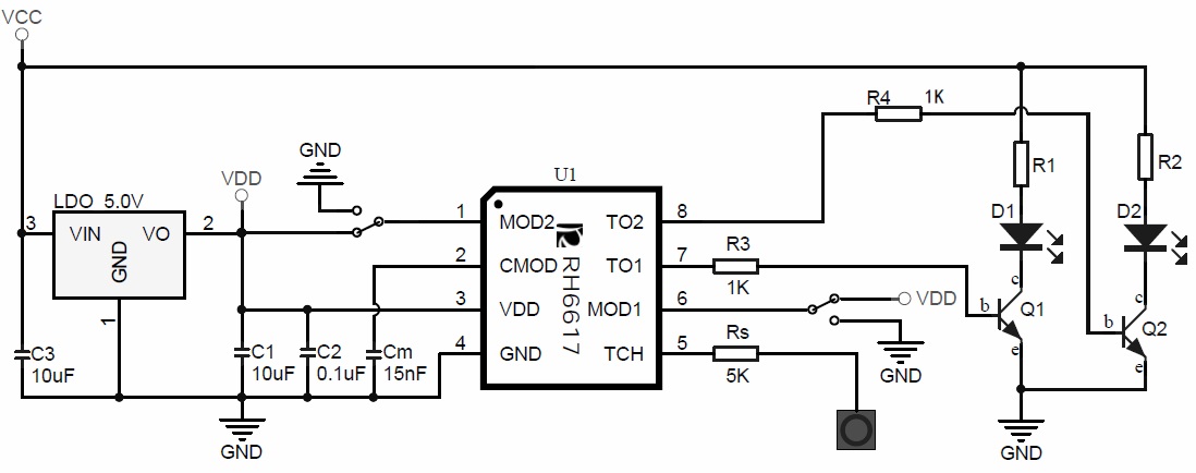 RH6616觸摸按鍵,觸摸按鍵IC,觸摸IC應用電路